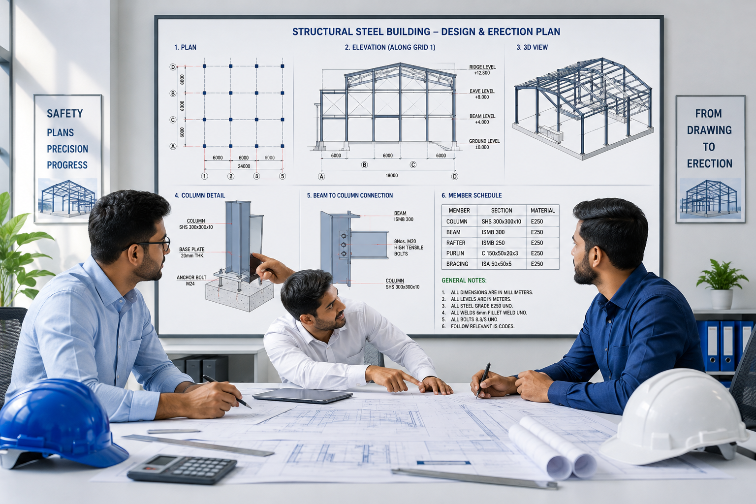 Structural steel building design and erection plan drawing